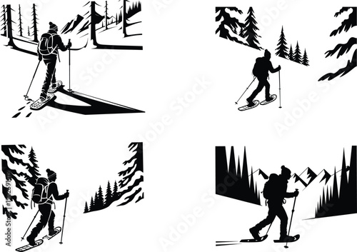 Set of four black and white illustrations of people snowshoeing through a snowy forest and mountainous terrain.