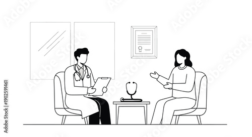A doctor consults with a patient in a minimalist office setting