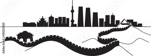 China skyline great wall landmark ancient structure and modern city buildings panorama