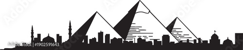 Egyptian pyramids silhouette against city skyline, ancient wonders and modern buildings, Cairo landmark.