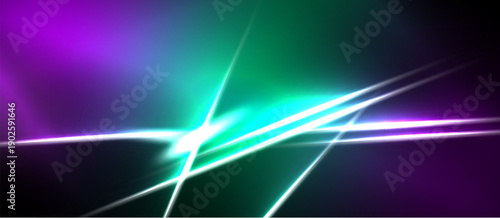 Abstract background features vibrant purple, teal gradients. Bright white lines intersect creating dynamic energy, light effects.