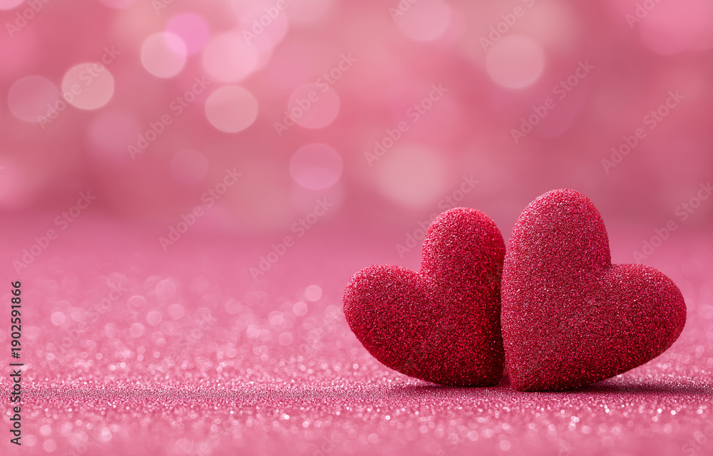 Fototapeta premium two red hearts on a pink glittery background with copy space for a valentine's day celebration, a love concept. 