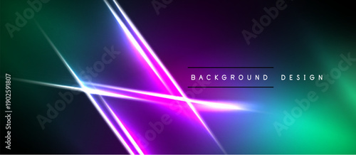 Abstract neon lines over dark gradient background. Vivid purple, teal hues create dynamic visual effect. Modern design element.