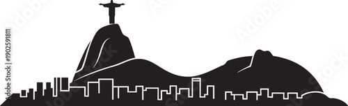 Rio de Janeiro skyline silhouette iconic landmark Christ the Redeemer mountain city outline.