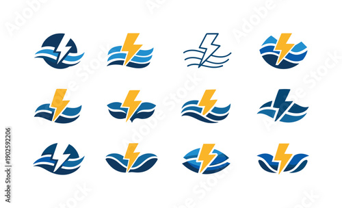 Electricity. Icon set. Set Logo of Electricity: renewable energy bolt with waves. harmonious logo variations of the same emblematic concept,