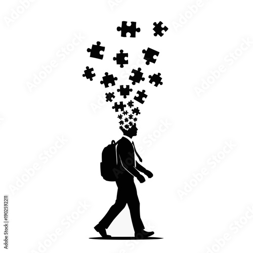 vector illustration depicting a business person walking while jigsaw puzzle pieces emerge from their head. The silhouette of the person, complete with a backpack and tie, suggests a professional or ed