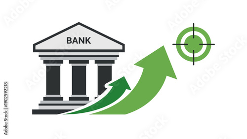 Bank Financial Growth and Success Target. Illustration of a Banking Building Icon with a Rising Green Arrow Pointing to a Bullseye, Representing Investment Returns and Goals.