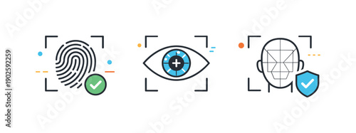 Biometric authentication icons. Simple icons representing fingerprint verification, eye scan, and facial ID, arranged in a tidy grid for