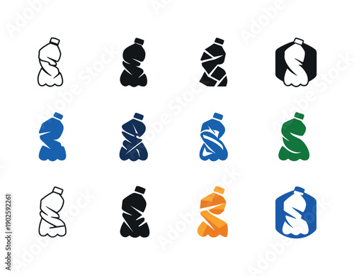 Used Bottle Icons. Used Water Bottle. Icon set. Set Logo of Used Water Bottle: crushed plastic bottle. harmonious logo variations of the same emblematic