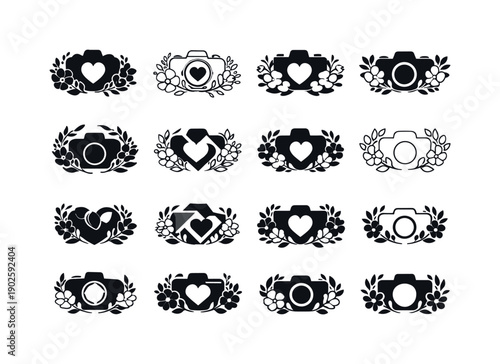 Romantic photography for couples. Icon set. Set Logo of Romantic photography for couples: floral wreath around camera. harmonious logo