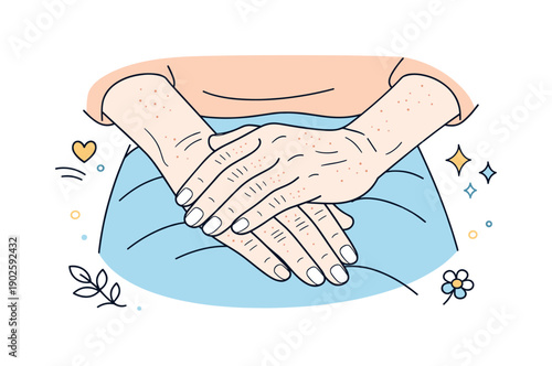 Wrinkles and freckles close-ups. Wide shot of hands folded in lap, small freckles and gentle wrinkles visible. Minimal editorial scene