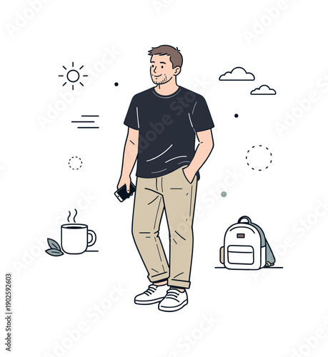 Real people realism aesthetics. A candid everyday scene shows a person standing naturally with relaxed posture and subtle imperfections,