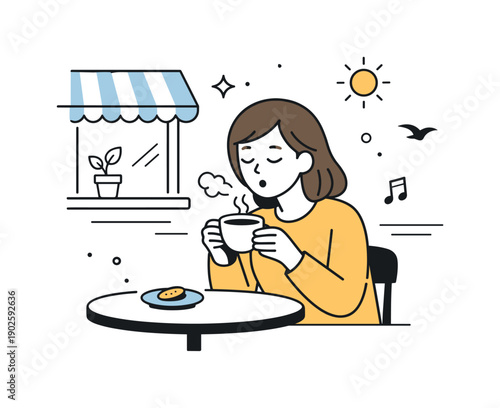 First outdoor coffees. Someone gently blowing on a hot coffee cup while sitting outside a cafe window. A quiet everyday ritual marking warmer