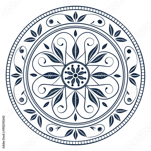 Navy blue ornamental plate with radial symmetry and leaf pattern