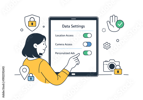 Privacy-first AI design. A user managing data settings on a tablet interface, with lock and permission icons symbolizing ethical data use.