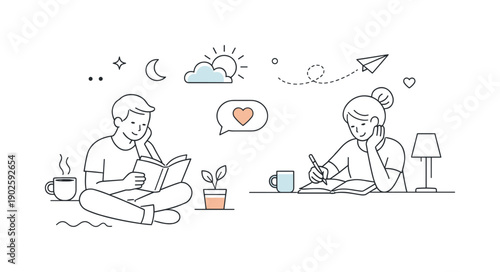 Editorial line illustration. A modern scene composed of clean linear elements showing interaction between people or objects in a quiet,