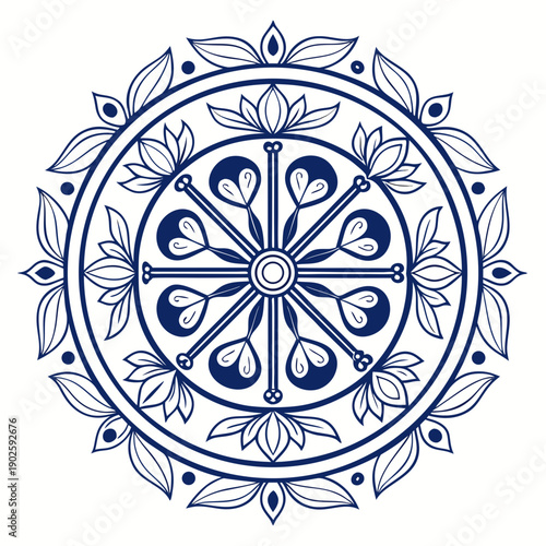 Navy blue floral mandala wheel with leaves and teardrop shapes