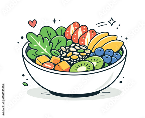 Vibrant healthy meals. A bowl of mixed greens, fruits, and seeds arranged in a visually pleasing way. The illustration conveys energy, color