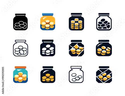 Coin jar. Icon set. Set Logo of Coin jar: savings jar with coins. harmonious logo variations of the same emblematic concept, each with