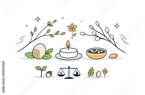 Spring equinox altar minimalism. Minimal nature-inspired altar with branches, seeds, and soft decorative marks. Quiet spiritual mood focused