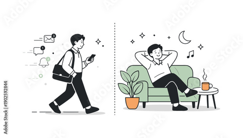 Work to rest routine. Person commuting home, phone notifications fading while relaxed symbols like plants and a sofa appear. Psychological