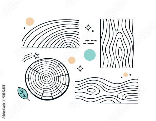 Minimalist Wood Patterns. Wood grain textures. Abstract editorial composition with simplified macro wood patterns, curved lines suggesting growth rings and