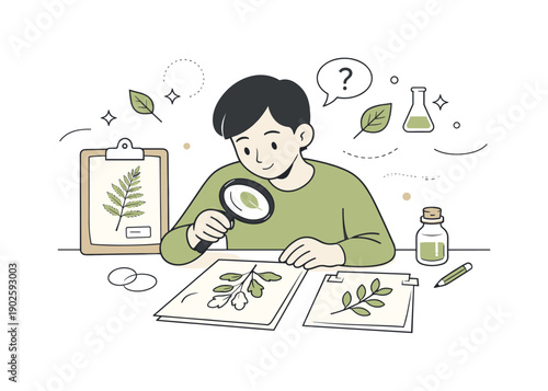 Herbarium botanical study. A person carefully examining pressed plants on paper sheets, calm focused research atmosphere.