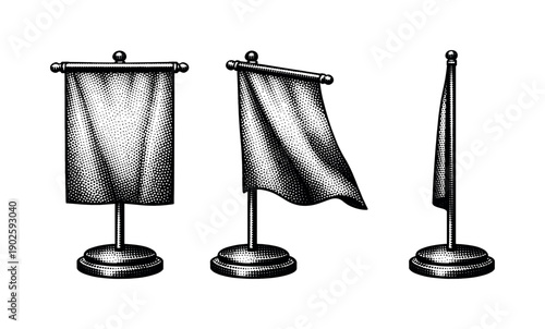 International flag desk-size banner without environment shown in straight-on front view, angled three-quarter view, and narrow side view as