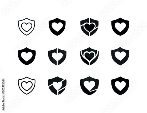 Life insurance and retirement planning. Icon set. Set Logo of Life insurance and retirement planning: protective shield with heart.
