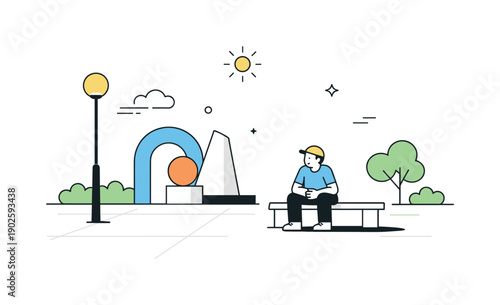 Urban boredom aesthetics. Slow afternoon moment in a city square with one person sitting alone, nothing happening around. Minimal urban scene