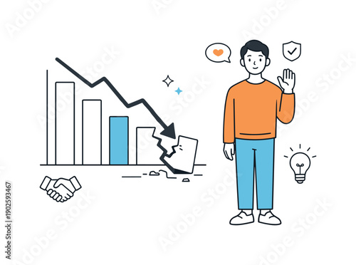 Responsibility over blame. A calm team member stands beside a cracked chart, raising a hand to acknowledge an issue. The scene highlights