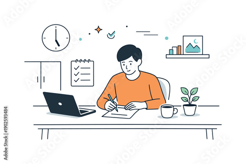 Low-distraction work environments. End-of-day focused session in a clean room, person calmly finishing tasks at a tidy desk, soft light and