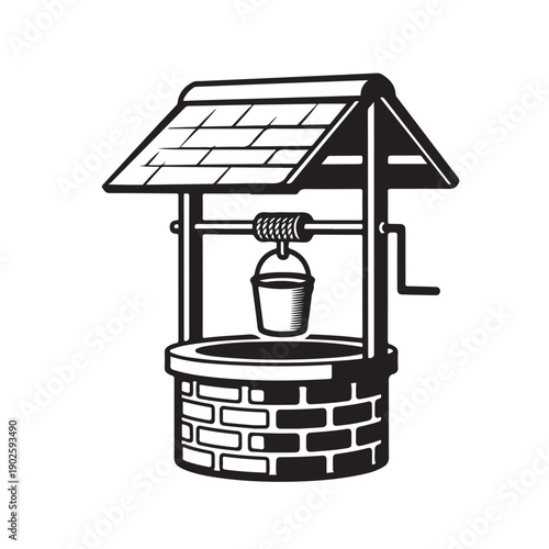 Old Stone Walled Water Well Illustration.