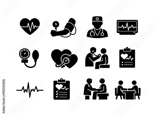 Cardiology care. Solid icon set of Cardiology care: heart with pulse, blood pressure cuff on arm, cardiologist doctor, heart monitor,