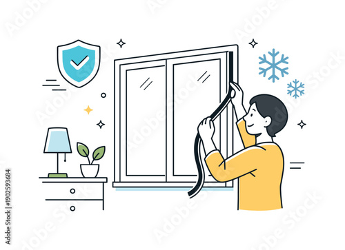 Sealing windows for insulation. A person applying weather-stripping to window edges, small floating shield and snowflake icons, calm and