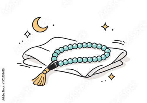 Ramadan prayer beads close-ups. A soft evening-inspired scene with prayer beads resting on fabric, gentle shadow suggesting quiet night