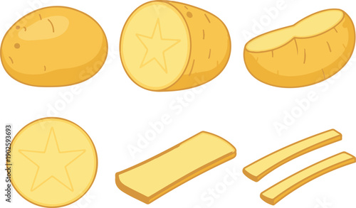 A cartoon illustration of potatoes in different stages of preparation.