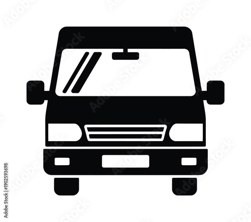 Black and white vector icon of a delivery van viewed from front