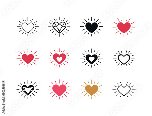 Love and affection. Icon set. Set Logo of Love and affection: heart with radiating lines. harmonious logo variations of the same emblematic
