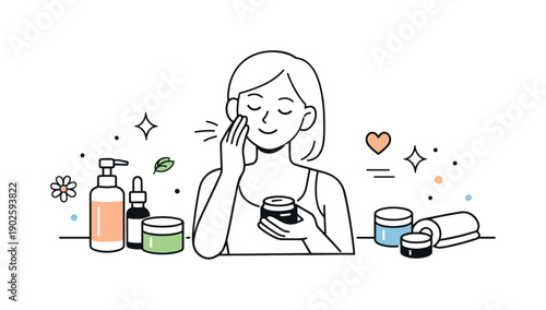 Beauty and skincare routine. Minimal scene with cosmetic bottles, jars, and a calm character applying skincare, suggesting daily self-care.