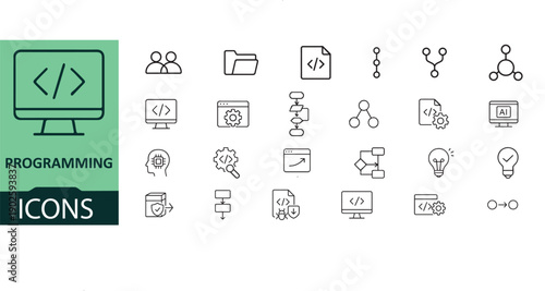 Collection of programming and coding related icons and symbols