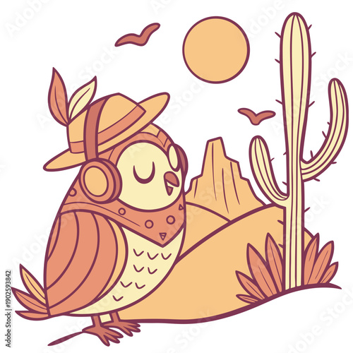 An adorable Owl with a Funny vibe, wearing headphones, and a Sundown Glow Desert sunset theme – SVG style