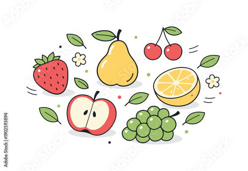 Spring fruits flat vectors composition. A balanced arrangement of different spring fruits gently floating, with leaves and small blossoms