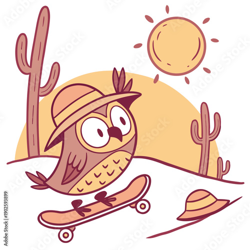 Creative SVG: Silly Owl with riding a skateboard in a Sundown Glow colored Desert sunset theme