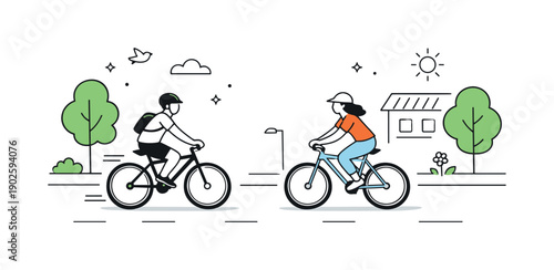 Spring Cycling Serenity. Cyclists returning to streets in spring. One or two cyclists move through open streets with trees or simple buildings nearby, enjoying