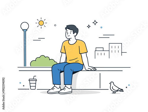 People resting against structures. Someone seated on a low wall near a sidewalk, shoulders relaxed, gazing forward. A quiet pause woven into