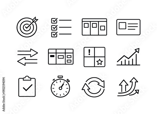 Productivity workflow. Line icon set of Productivity workflow: focus task, to-do list, kanban board, task card, progress arrows, time