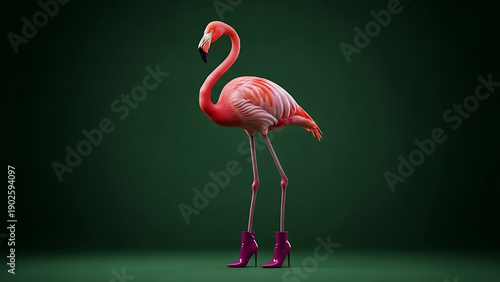 Surreal Flamingo Wearing High Heels on Dark Green Background, Fashion Concept