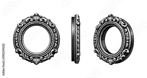 Ornamental circular medallion frame object shown in three views including front view, side view, and angled view highlighting rim depth and