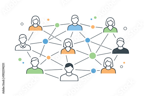 Distributed governance illustration network. Abstract human figures arranged in a decentralized network, with no central authority